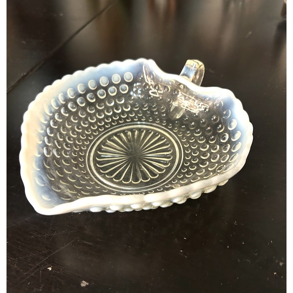 Fenton White Opalescent Hobnail Heart Bowl Ruffled Rim Handle Vintage
